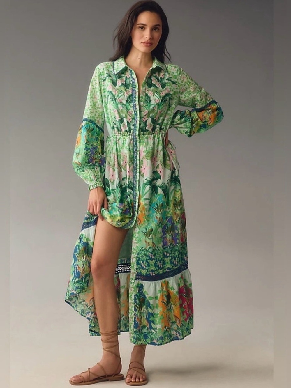 Anthropologie The Eleanora Long Sleeve Maxi Shirt Dress Jungle Floral Boho M